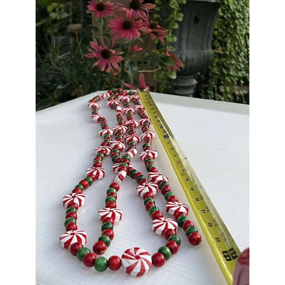 Vintage 8 Ft Wooden Christmas Garland Hand Painted Peppermint Candy Beads